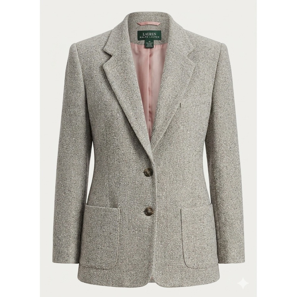 Lauren Ralph Lauren Grey Wool Tweed Blazer Horse Crest Buttons Size 14
